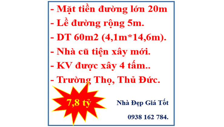 60m2-Mặt tiền đường nhựa 20m- Trường Thọ -TP Thủ Đức-Chỉ 7.8 tỷ